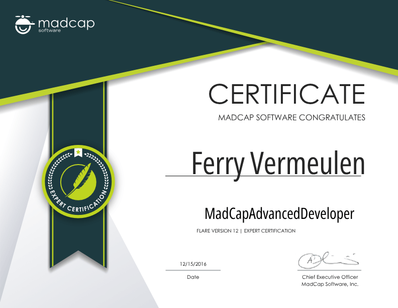 MadCap Software Advanced Developer-expertcertificering van Ferry Vermeulen